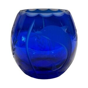 Vintage Lenox Cobalt Blue Dolphin & Fish Etched Glass Votive Holder